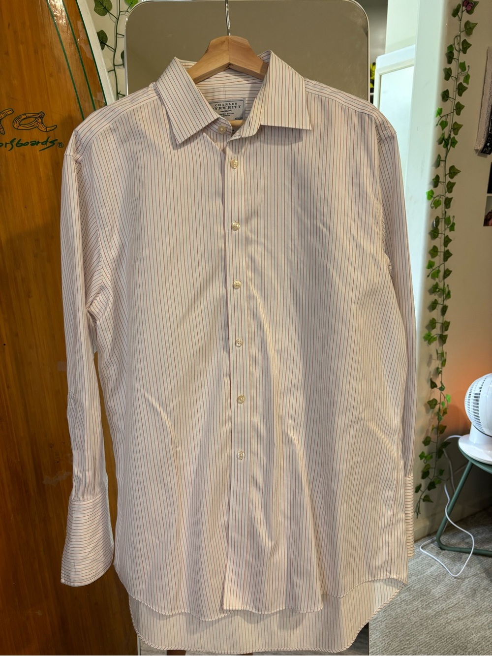 Vintage Charles Tyrwhitt White Shirt with Pink/Blue Stripes 16.5” cufflink holes